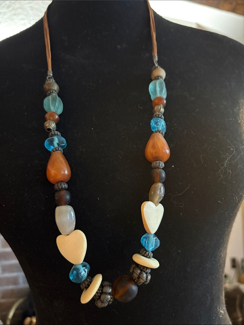 Lucky Brand Heart & Bead Necklace in Turquoise, Amber, and Cream